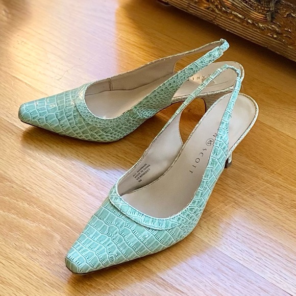 Vintage Shoes - SOLD - 🧼 Vntg Y2K Mint Green Faux Croc Slingback Heels Sz 6